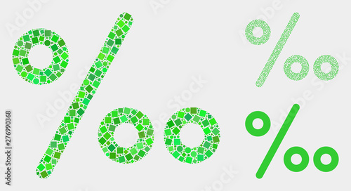 Mosaic Per mille symbol icon designed from round and square elements in different sizes, positions and proportions. Vector round and square parts are united into abstract shape per mille symbol icons.