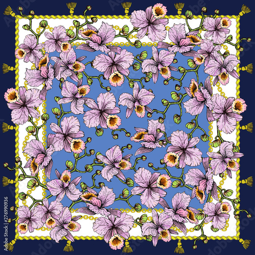 Scarf with pink orchids and chains