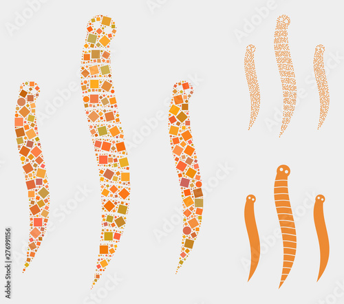 Mosaic Worms icon composed of round and square items in random sizes, positions and proportions. Vector round and square items are composed into abstract composition worms icons.