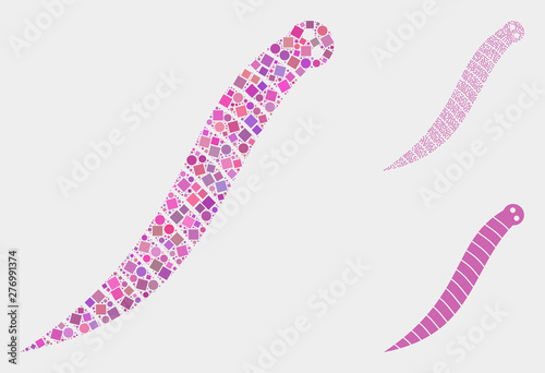 Mosaic Worm icon composed of spheric and square elements in various sizes, positions and proportions. Vector circle and square spots are composed into abstract mosaic worm icons.