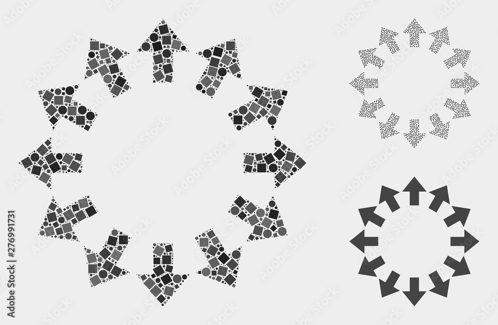 Mosaic Explode arrows icon organized from round and square items in ...