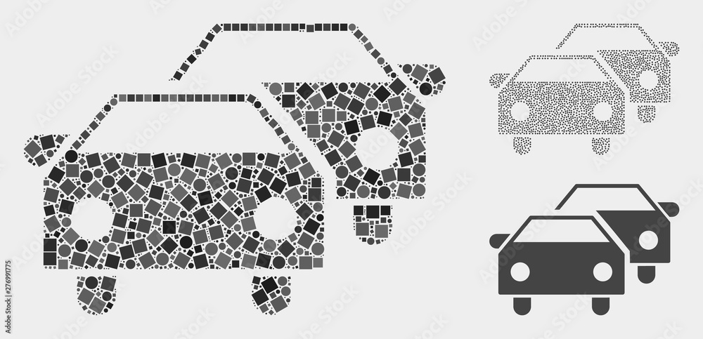Mosaic Car traffic icon united from circle and square items in variable sizes, positions and proportions. Vector circle and square elements are organized into abstract mosaic car traffic icons.