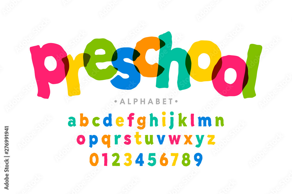Preschool, kids style colorful font, alphabet letters and numbers