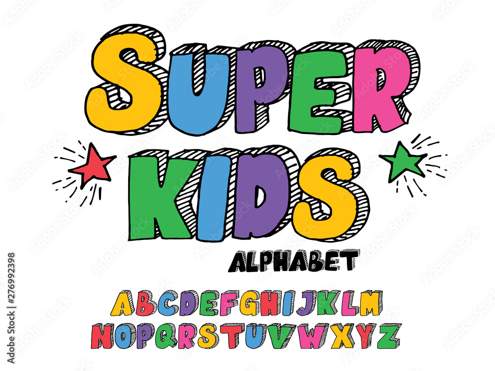 Fototapeta premium Hand-drawn 3D font. uppercase letters with colors. alphabet for children's themes