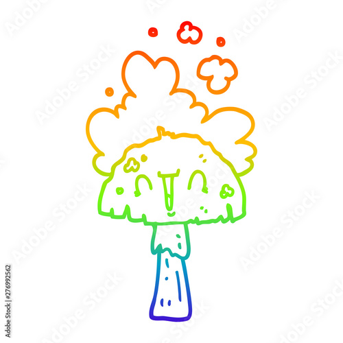 rainbow gradient line drawing cartoon mushroom with spoor cloud