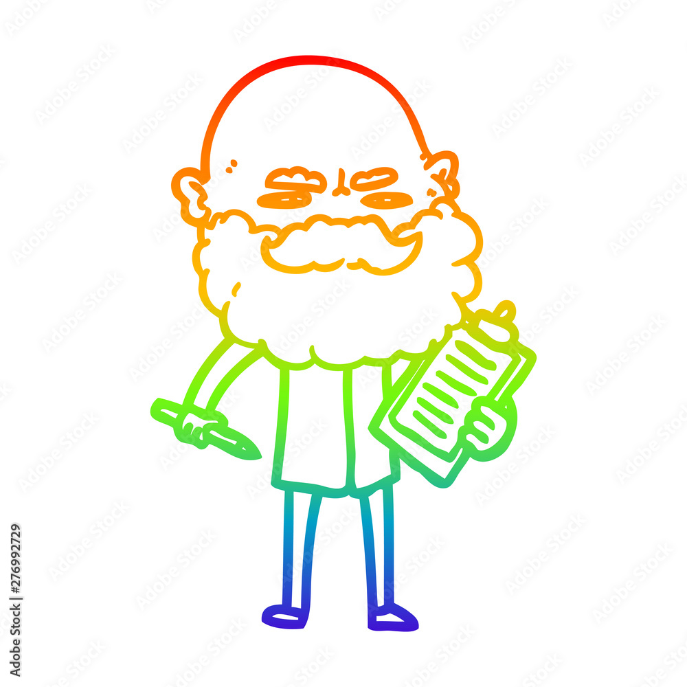 rainbow gradient line drawing cartoon man with beard frowning