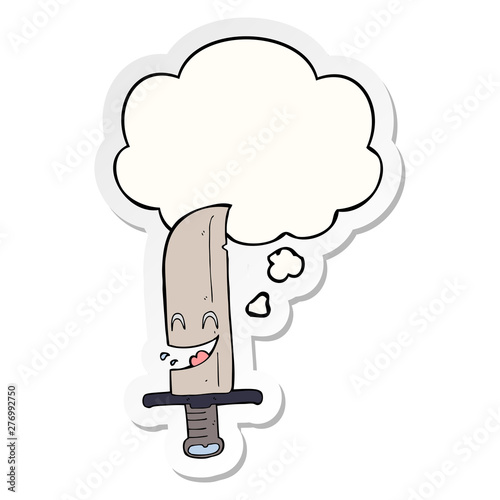 cartoon laughing knife and thought bubble as a printed sticker