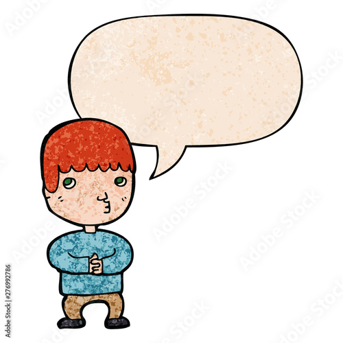 cartoon man thinking and speech bubble in retro texture style
