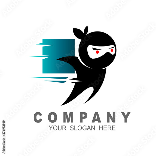 Box ninja logo icon design stock vector, ninja logo with fast + delivery icon 