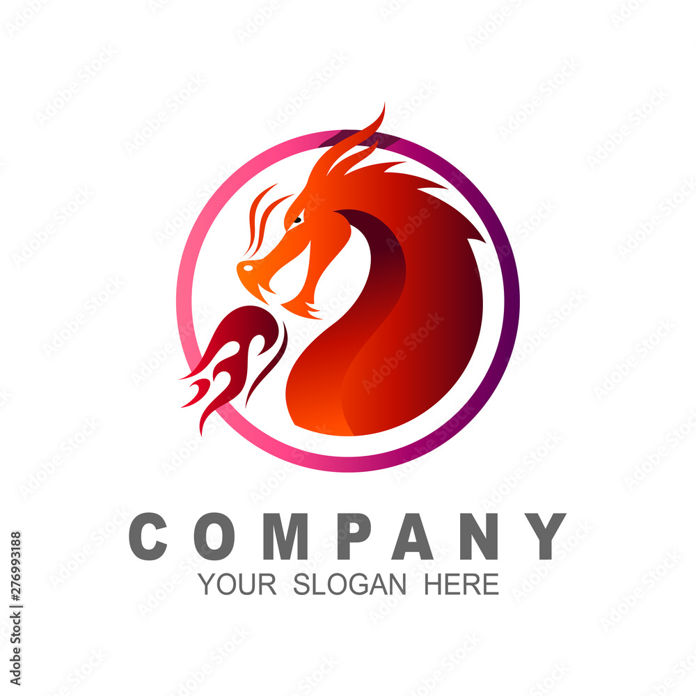 Fototapeta premium Dragon head vector logo , dragon logo with circle and fire