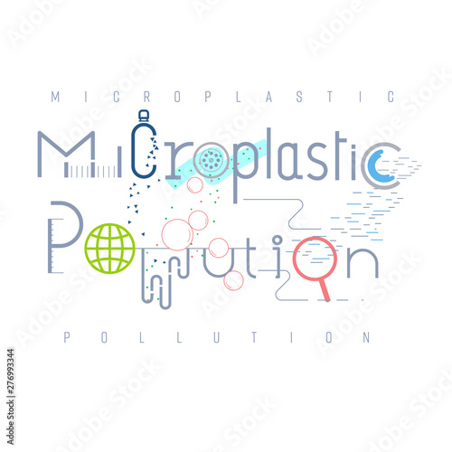 Microplastic pollution typographic design. Pictorial symbol. Types of plastic fragment less than 5 mm. causing pollution presented in pictorial form. Vector illustration outline flat design style.