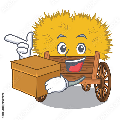 With box hayride mascot in beside the barn