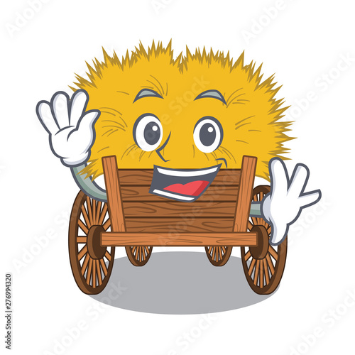 Waving hayride mascot in beside the barn