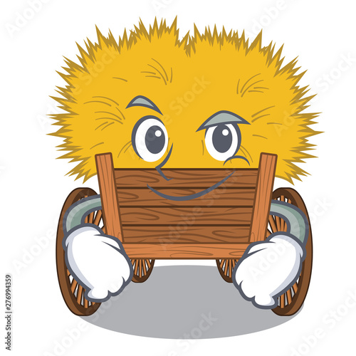 Smirking hayride mascot in beside the barn