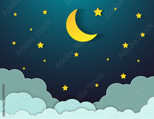 paper art style.Vector of a crescent moon with stars on a cloudy night sky. Moon and stars background.