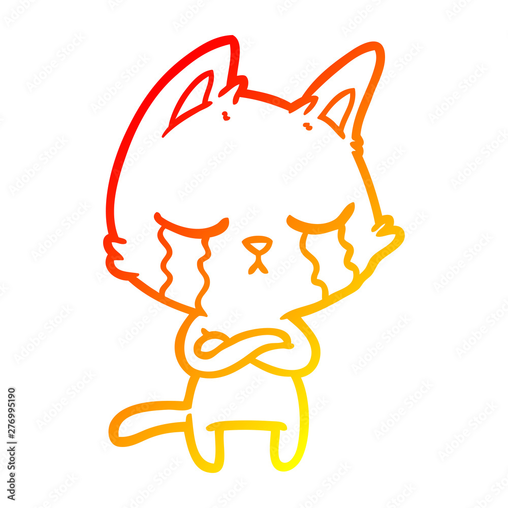warm gradient line drawing crying cartoon cat with folded arms