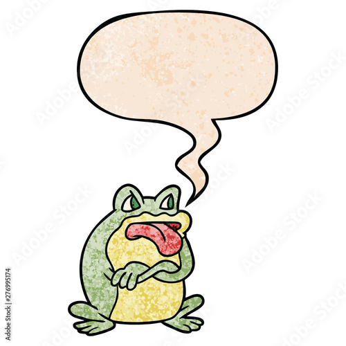grumpy cartoon frog and speech bubble in retro texture style