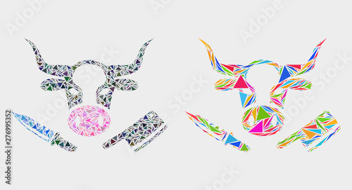 Butchery mosaic icon of triangle items which have various sizes and shapes and colors. Geometric abstract vector design concept of butchery.