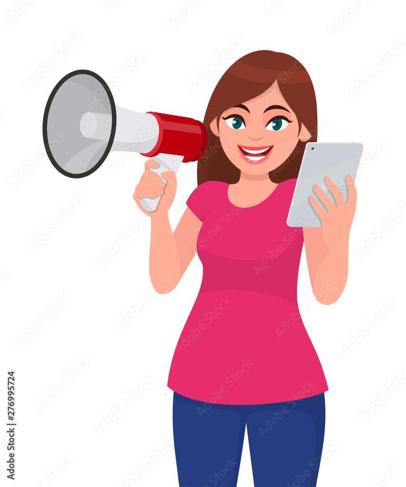 Young woman holding a megaphone or loudspeaker in hand. Girl holding digital tablet computer. Female character design illustration. Modern lifestyle, technology gadget concept in cartoon style. Young woman holding a megaphone or loudspeaker in hand. Girl holding digital tablet computer. Female character design illustration. Modern lifestyle, technology gadget concept in cartoon style.