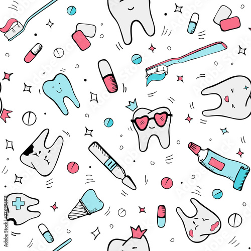Vector seamless cute pattern with fairy magic teeth, toothpaste, medcine and gums on white background. Fun doodle pattern. Stomatology Tools, teeth care. Hand draw elements