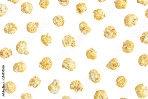 Popcorn Pattern. Caramel popcorn isolated on white background. Food, cinema, movie or film design. Flat lay.