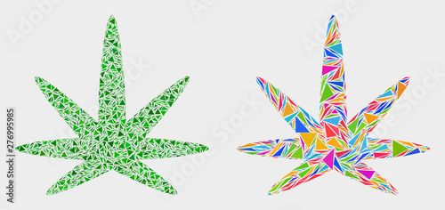 Cannabis leaf collage icon of triangle items which have variable sizes and shapes and colors. Geometric abstract vector illustration of cannabis leaf.