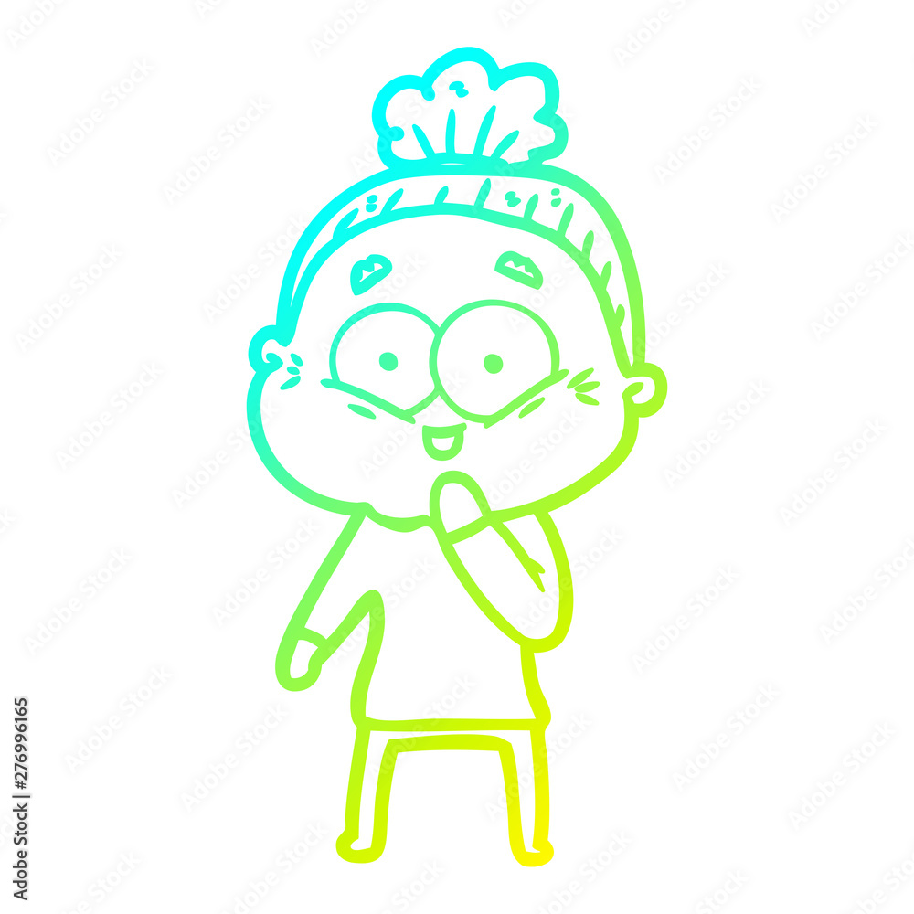 cold gradient line drawing cartoon happy old woman