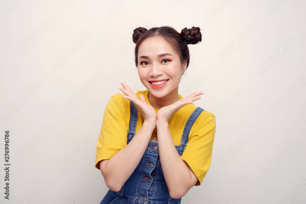 Portrait of her she nice attractive lovely charming cute crazy lady showing excitement isolated over bright vivid white background Portrait of her she nice attractive lovely charming cute crazy lady showing excitement isolated over bright vivid white background