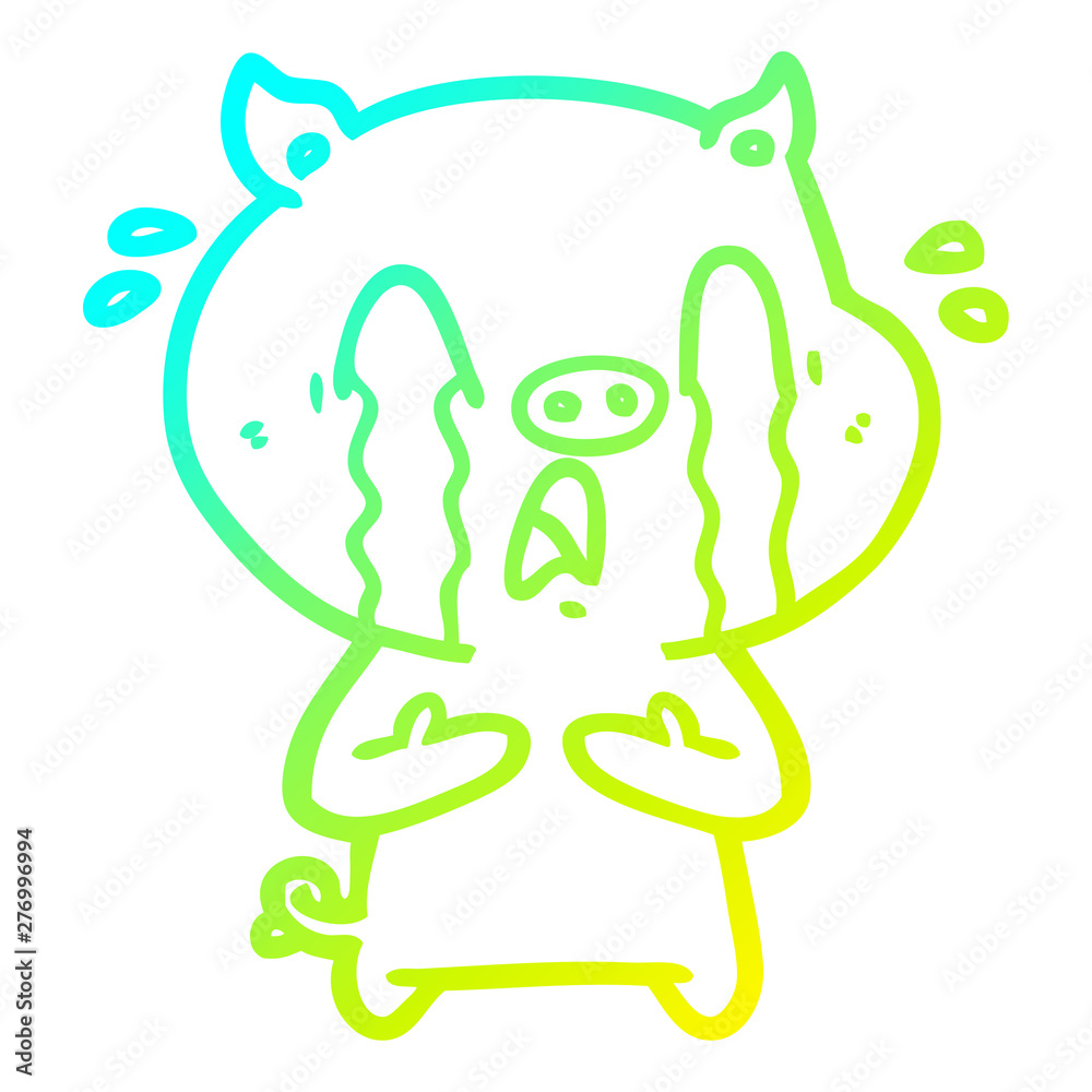 Naklejka premium cold gradient line drawing crying pig cartoon