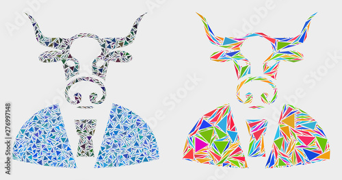 Cow man mosaic icon of triangle items which have various sizes and shapes and colors. Geometric abstract vector illustration of cow man.