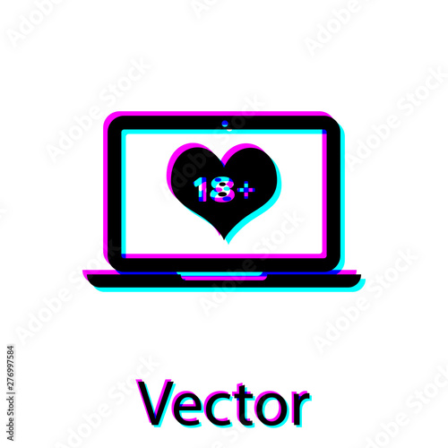 Black Laptop computer with 18 plus content heart icon isolated on white background. Age restriction symbol. 18 plus content sign. Adult channel. Vector Illustration