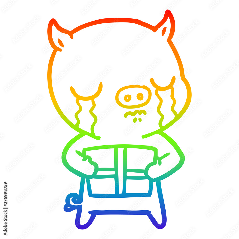 rainbow gradient line drawing cartoon pig crying over christmas present
