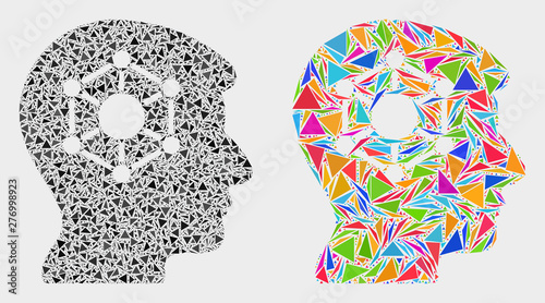 Human brain collage icon of triangle items which have various sizes and shapes and colors. Geometric abstract vector illustration of human brain.