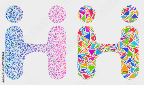 Human conjugation mosaic icon of triangle elements which have different sizes and shapes and colors. Geometric abstract vector design concept of human conjugation.