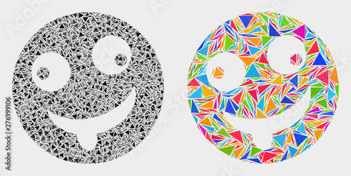 Idiot smiley collage icon of triangle items which have different sizes and shapes and colors. Geometric abstract vector illustration of idiot smiley.