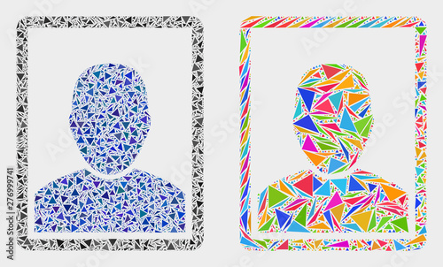 Man portrait collage icon of triangle elements which have variable sizes and shapes and colors. Geometric abstract vector illustration of man portrait.