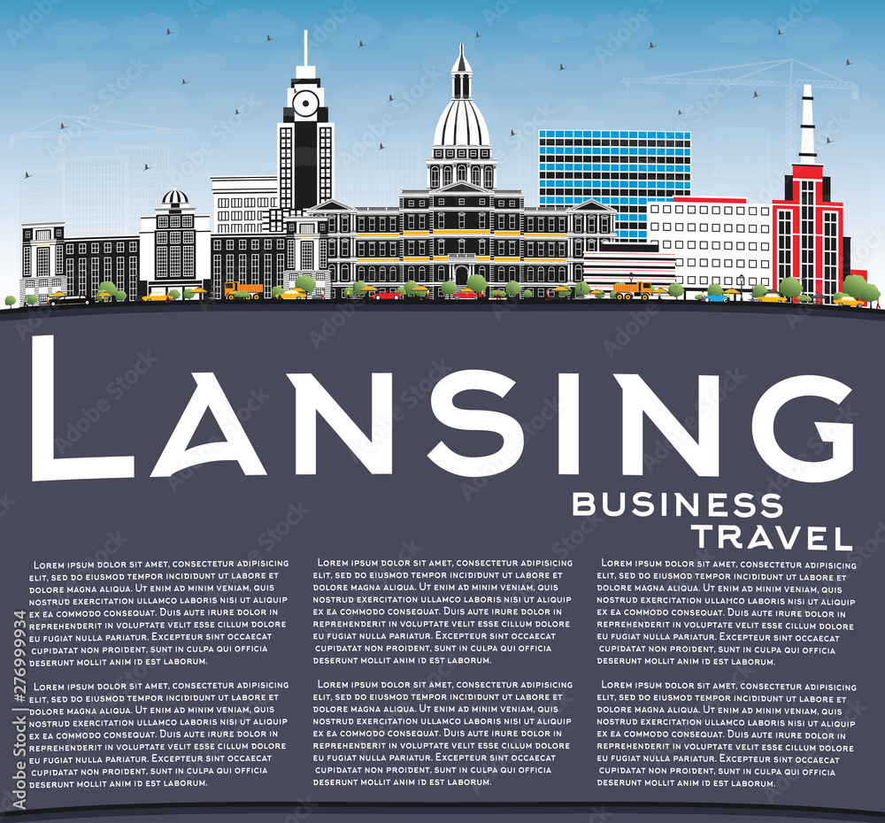 Naklejka premium Lansing Michigan City Skyline with Color Buildings, Blue Sky and Copy Space.
