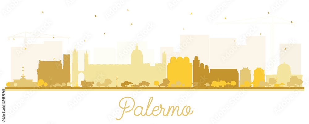Palermo Italy City Skyline Silhouette with Golden Buildings Isolated on White.