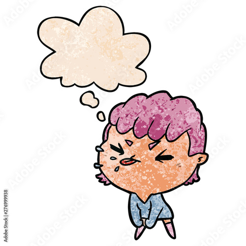cartoon rude girl and thought bubble in grunge texture pattern style