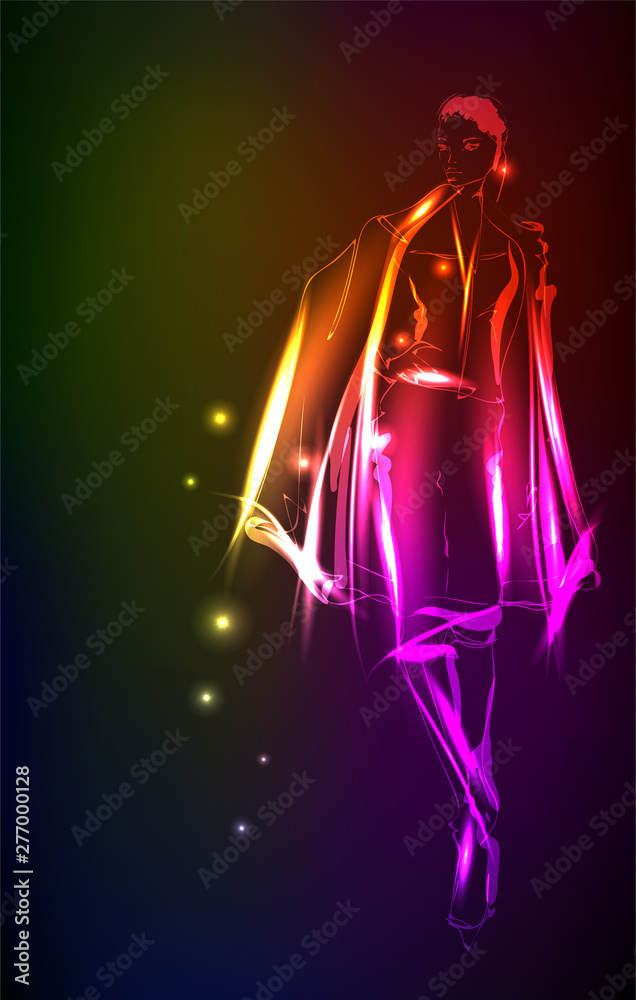 Hand-drawn fashion model from a neon. A light girl's. Fashion girl. Stylish fashion model. Fashion woman
