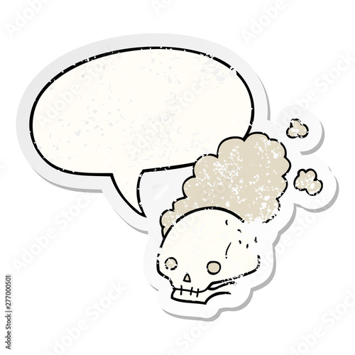 cartoon dusty old skull and speech bubble distressed sticker