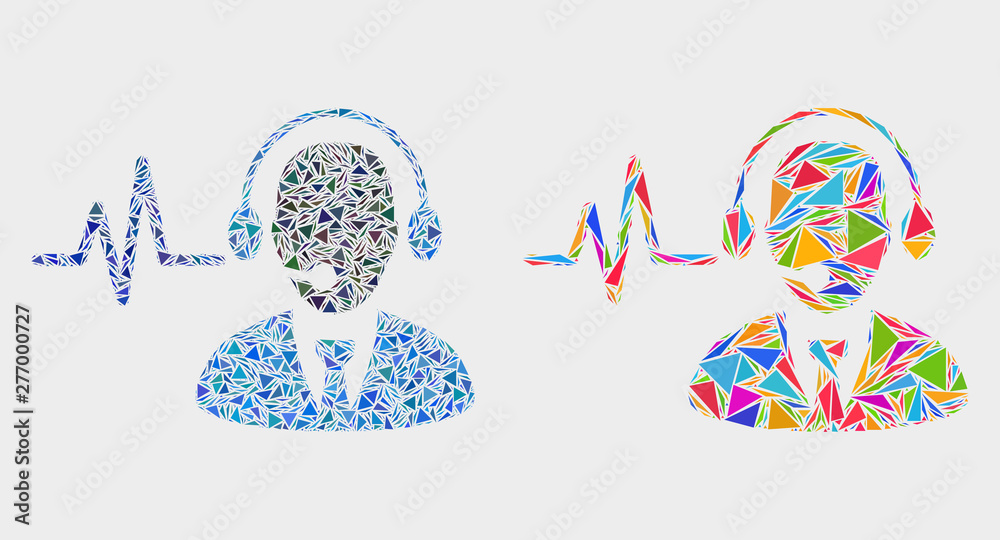 Operator sound signal collage icon of triangle items which have different sizes and shapes and colors. Geometric abstract vector illustration of operator sound signal.