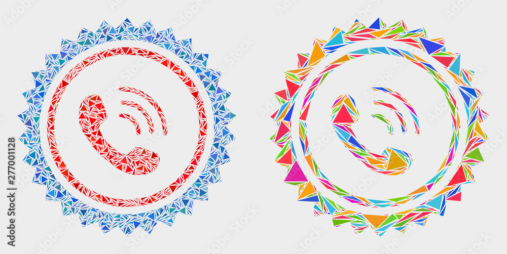 Phone call stamp seal mosaic icon of triangle items which have various sizes and shapes and colors. Geometric abstract vector illustration of phone call stamp seal. Phone call stamp seal mosaic icon of triangle items which have various sizes and shapes and colors. Geometric abstract vector illustration of phone call stamp seal.