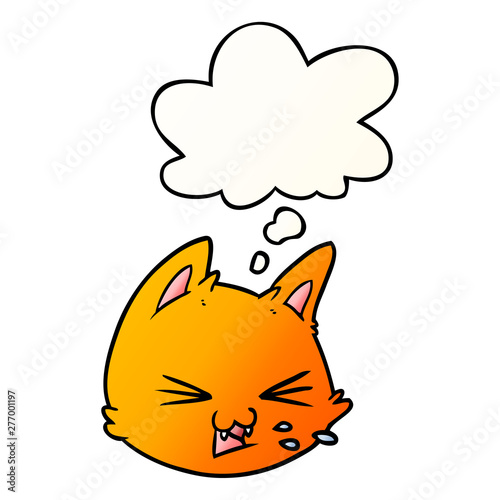 spitting cartoon cat face and thought bubble in smooth gradient style