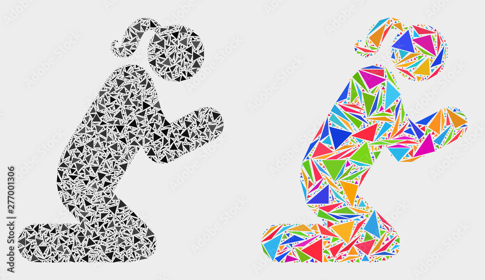 Fototapeta premium Pray woman person mosaic icon of triangle elements which have variable sizes and shapes and colors. Geometric abstract vector design concept of pray woman person.