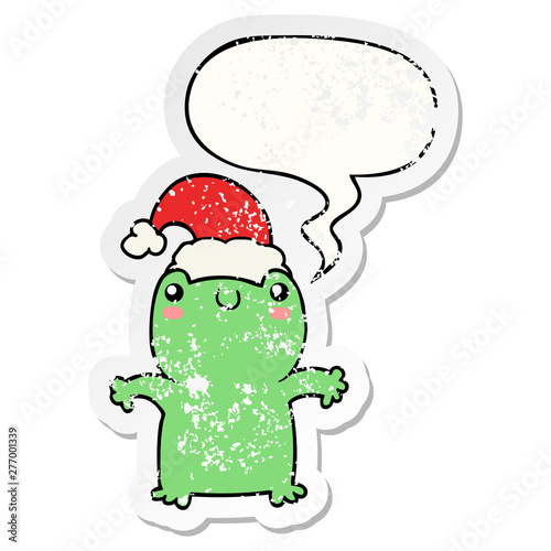 cute cartoon frog wearing christmas hat and speech bubble distressed sticker