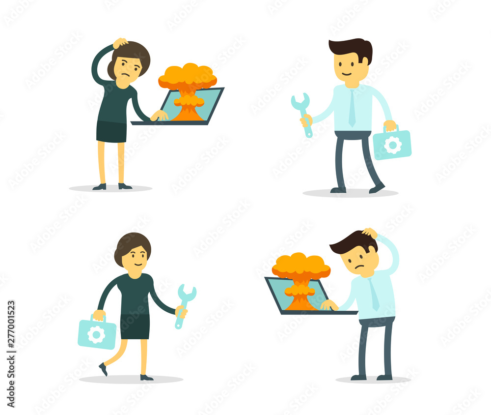 System error. Support and repair laptop. People service. Character set. Cartoon style. System error. Support and repair laptop. People service. Character set. Cartoon style.