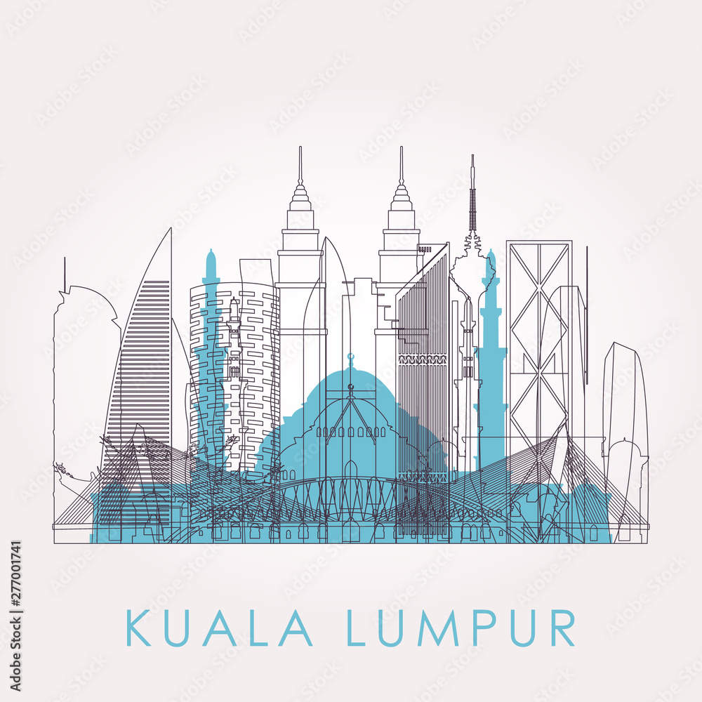 Naklejka premium Nakreśl panoramę Kuala Lumpur z punktami orientacyjnymi. Ilustracji wektorowych. Podróże służbowe i koncepcja turystyki z zabytkowymi budynkami. Obraz do prezentacji, baneru, afisz i strony internetowej.