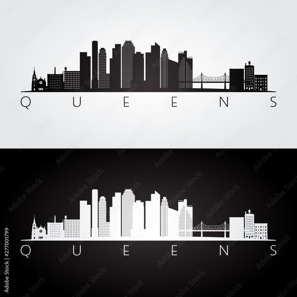 Queens, New York USA skyline and landmarks silhouette, black and white design, vector illustration.