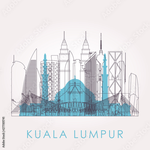 Outline Kuala Lumpur skyline with landmarks. Vector illustration. Business travel and tourism concept with historic buildings. Image for presentation, banner, placard and web site.
